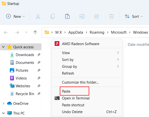 Paste web browser shortcut in Windows 11 Startup folder