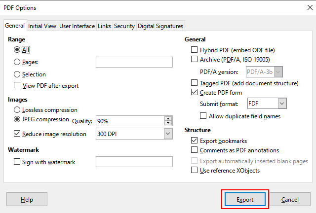 PDF options in LibreOffice