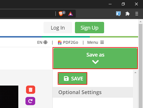 PDF2GO Save button