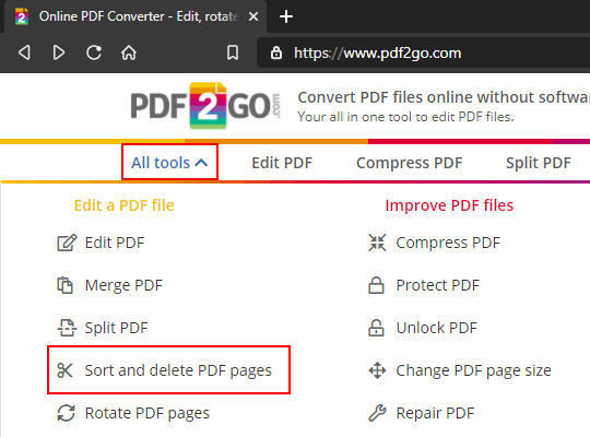 PDF2GO Sort and delete pages menu entry