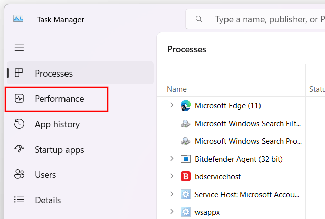 Performance tab in Task Manager