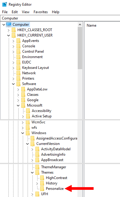 Personalize in the Registry editor in Windows 10