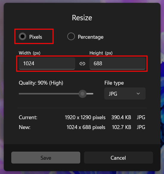 Photos app resize settings