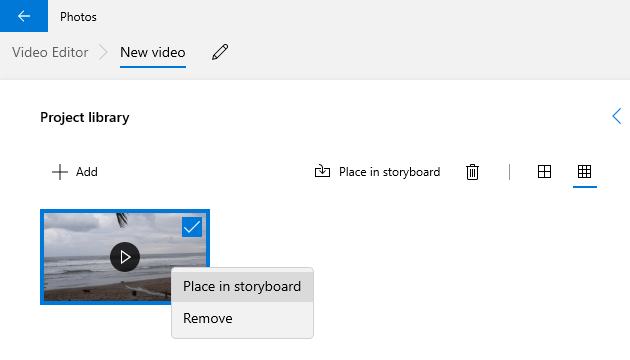 Place video in storyboard in Windows 10 video editor