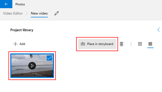 Place video in storyboard in Windows 10 video editor