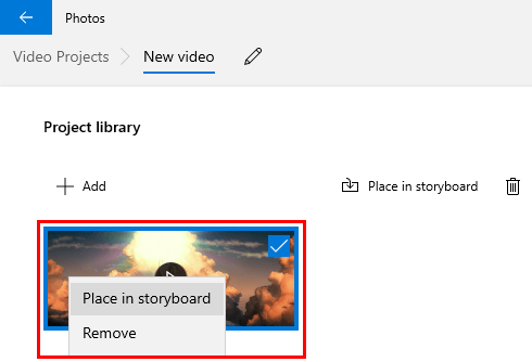 Place video in storyboard in Windows 10 video editor