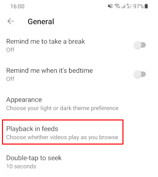 Playback in feeds setting in YouTube app