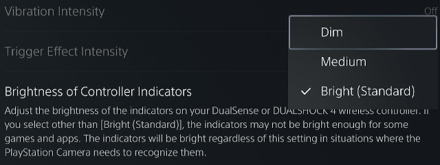 PlayStation 5 controller brightness of controller indicators setting