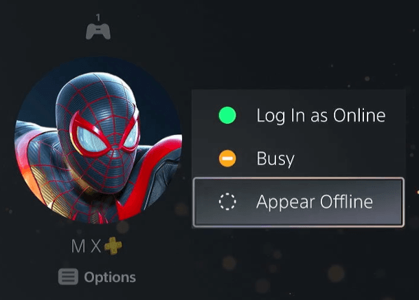 PlayStation 5 online status menu on the login screen