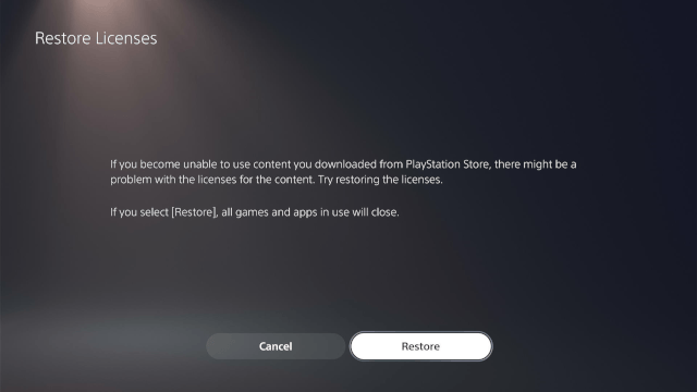 PlayStation 5 Restore licenses button