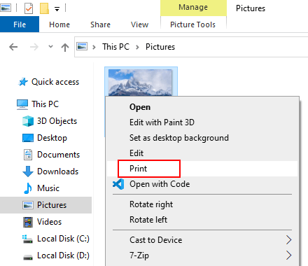 Print option in Windows 10 context menu