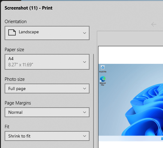 Print options in Windows 11 Photos app