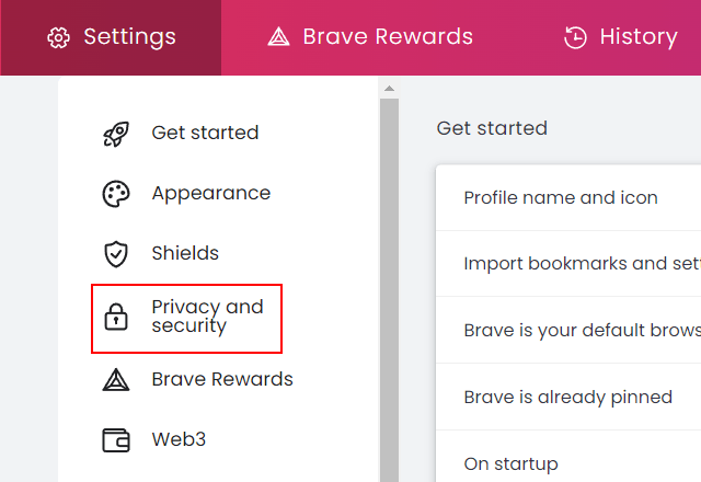 Privacy and security settings in Brave browser