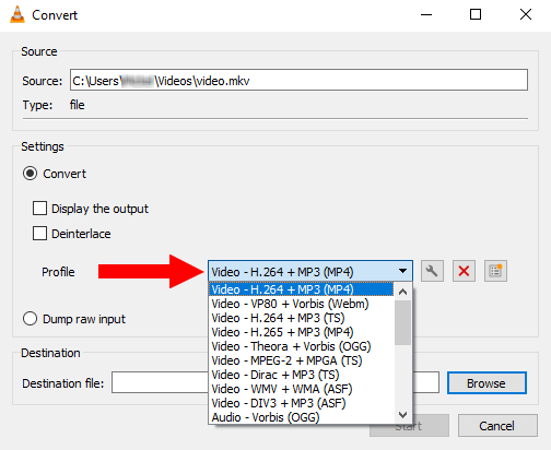 Profile selection menu button in VLC media player