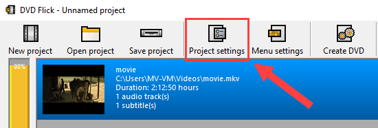 Project settings button in DVD Flick