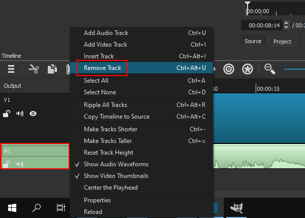 Remove audio track in Shotcut