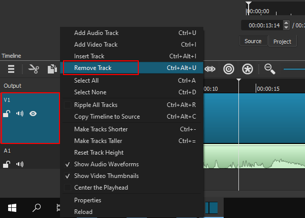 Remove video track in Shotcut