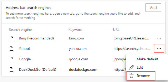 Remove Yahoo search from Microsoft Edge