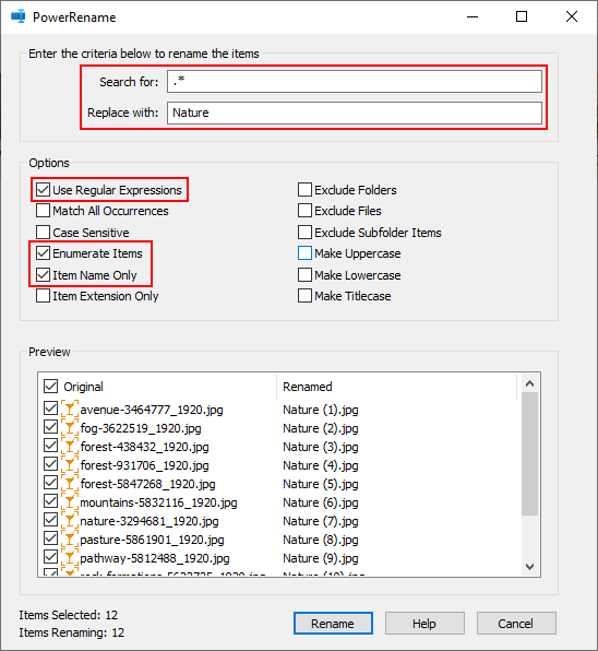 Rename multiple files at once in Windows 10 using PowerRename