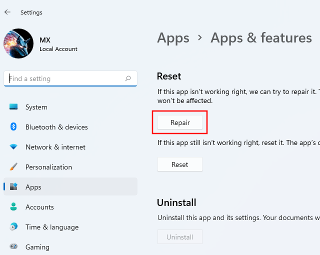 Repair the Settings app in Windows 11