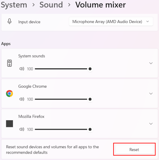 Reset audio settings in Windows 11