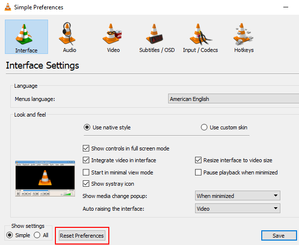 Reset preferences in VLC media player