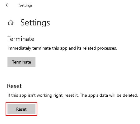 Reset the Settings app in Windows 10