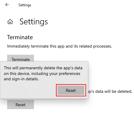 Reset the Settings app in Windows 10