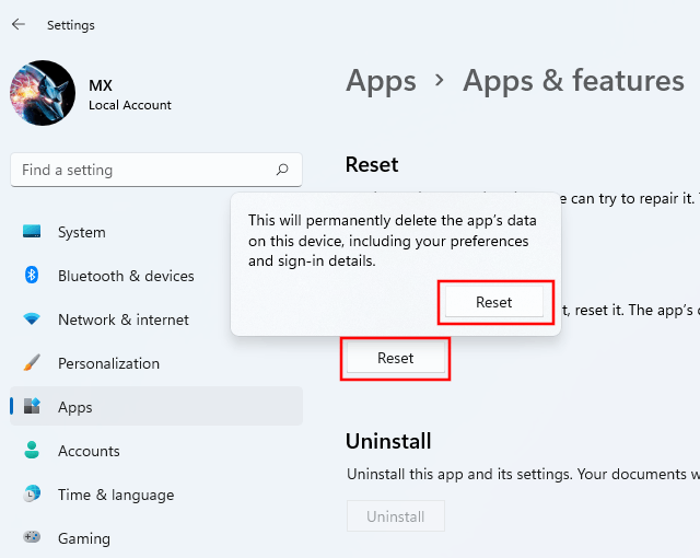 Reset the Settings app in Windows 11