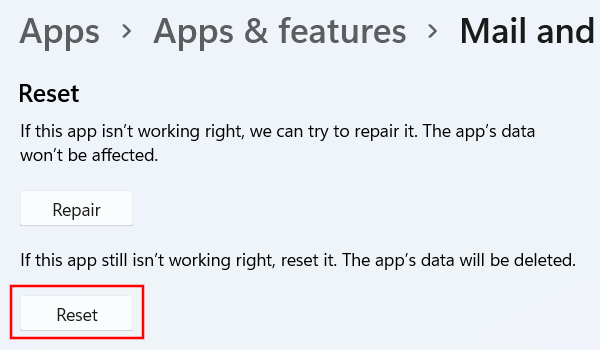 Reset the Windows Mail app