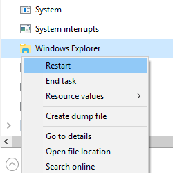 Restart the Windows Explorer process in Windows 10