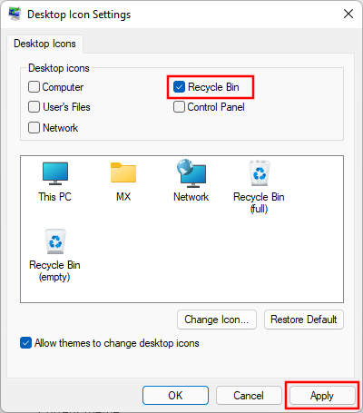 Restore the Recycle Bin on the desktop in Windows 11
