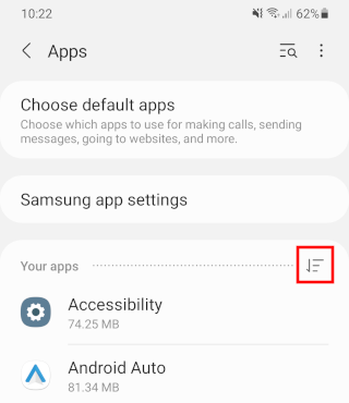 Samsung apps list filter button