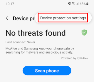 Samsung device protection settings