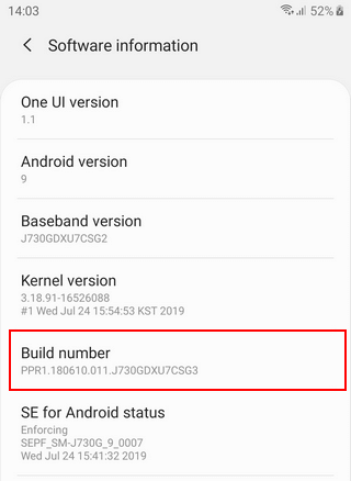 Samsung Galaxy Build number