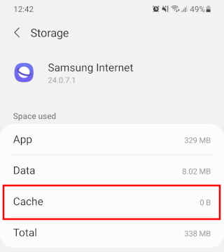Samsung Internet cache