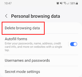 Samsung Internet Delete browsing data