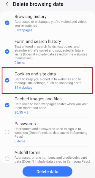Samsung Internet delete cookies