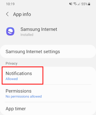Samsung Internet notifications settings