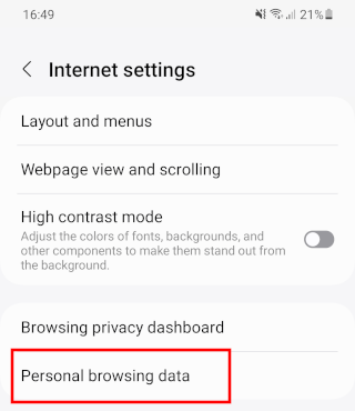 Samsung Internet Personal browsing data