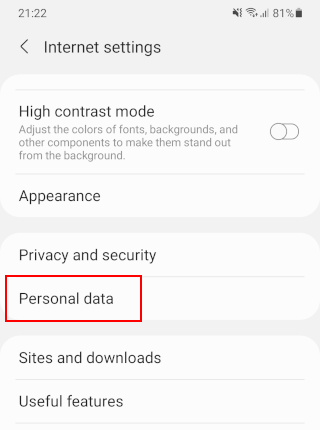 Samsung Internet Personal data