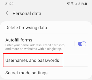 Samsung Internet usernames and passwords