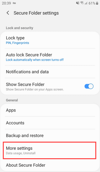 Samsung Secure Folder more settings