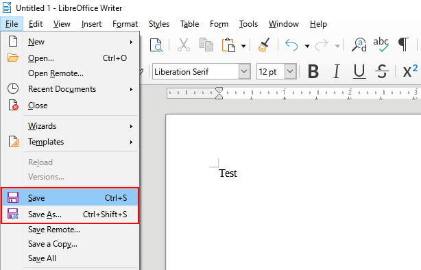 Save a document in LibreOffice