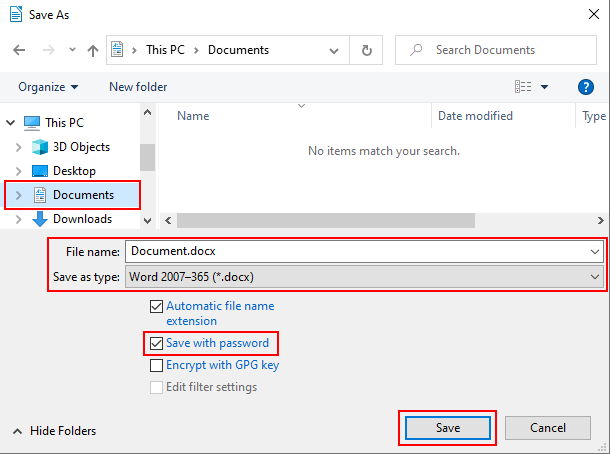 Save a document with password in LibreOffice