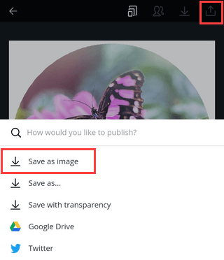 Save as image option in Canva app