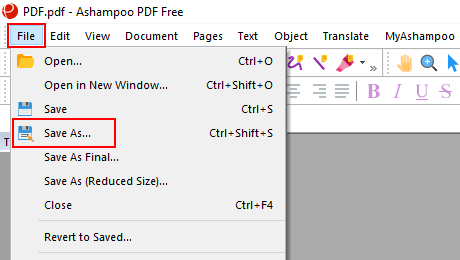 Save as menu entry in Ashampoo PDF Free