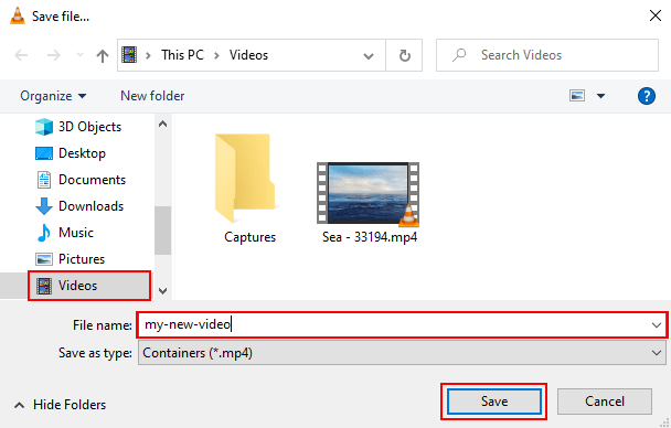 Save file window in VLC media player