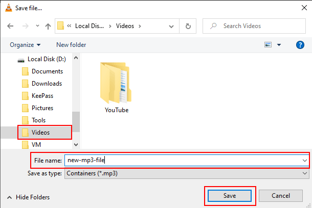 Save file window in VLC media player