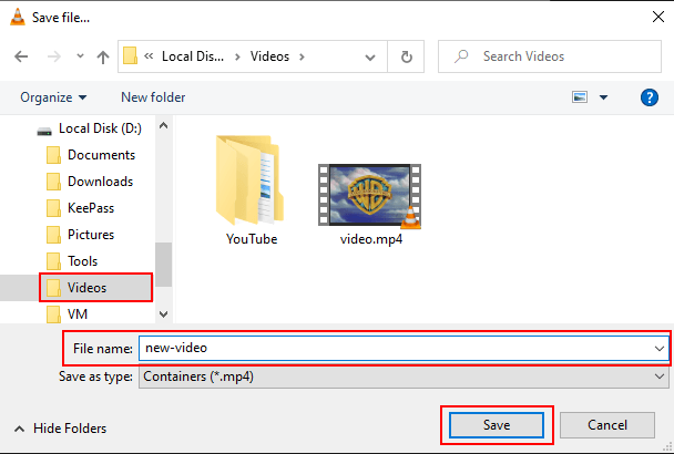 Save file window in VLC media player